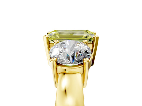 Yellow gold Three-Stone Fancy Yellow Emerald Cut Diamond Ring with Round Side Stones, Classic Band, and Four-Prong Setting_5