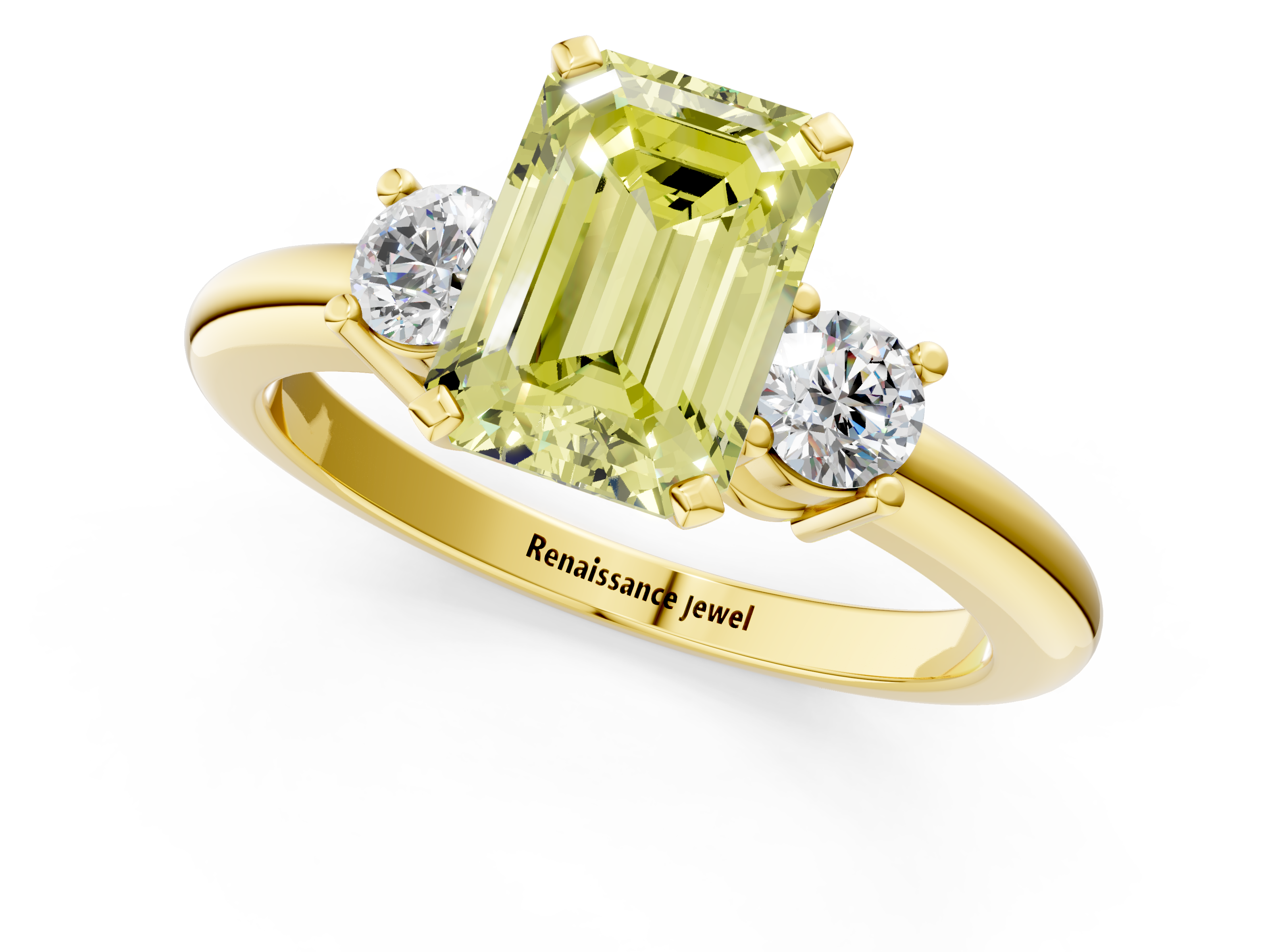 Yellow gold Three-Stone Fancy Yellow Emerald  Cut Diamond Solitaire with Prong Setting and Classic Band_31