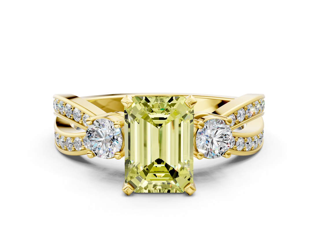 Yellow gold Three-Stone Fancy Yellow Emerald  Cut Diamond Twist Band with Prong Setting_56