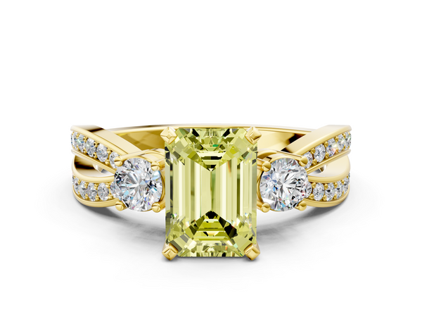 Yellow gold Three-Stone Fancy Yellow Emerald  Cut Diamond Twist Band with Prong Setting