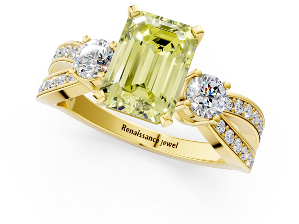Yellow gold Three-Stone Fancy Yellow Emerald  Cut Diamond Twist Band with Prong Setting
