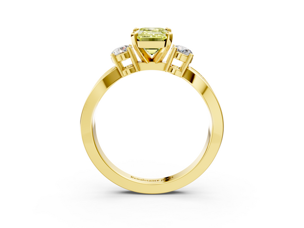 Yellow gold Three-Stone Fancy Yellow Emerald  Cut Diamond Twist Band with Prong Setting