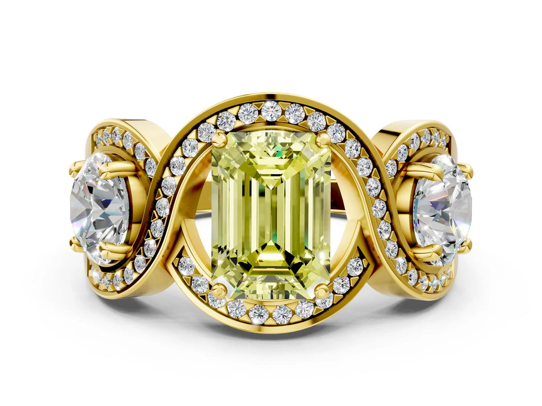 Yellow gold Three-Stone Fancy Yellow Emerald Cut Diamond Wave Pave Band with Prong Setting