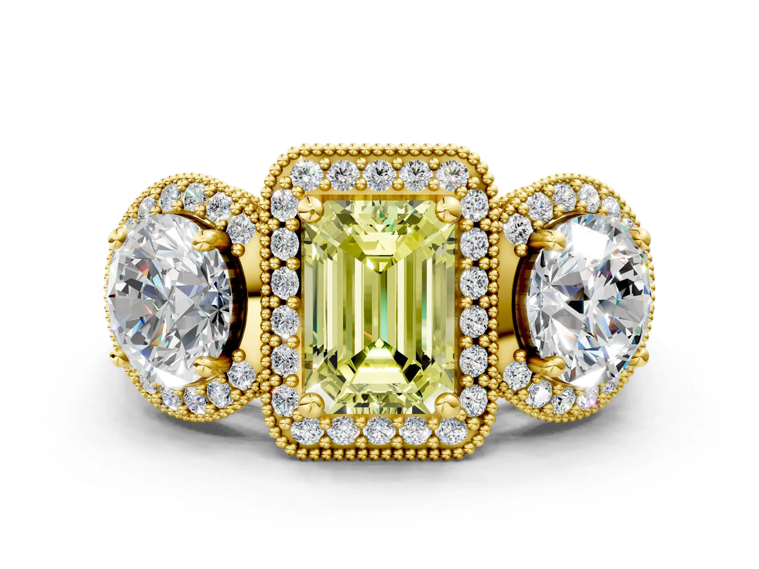 Yellow gold Three-Stone Fancy Yellow Emerald Cut Halo Diamond Milgrain Band with Four-Prong Setting