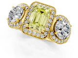Yellow gold Three-Stone Fancy Yellow Emerald Cut Halo Diamond Milgrain Band with Four-Prong Setting_1