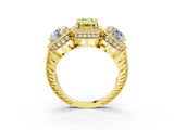 Yellow gold Three-Stone Fancy Yellow Emerald Cut Halo Diamond Milgrain Band with Four-Prong Setting_3