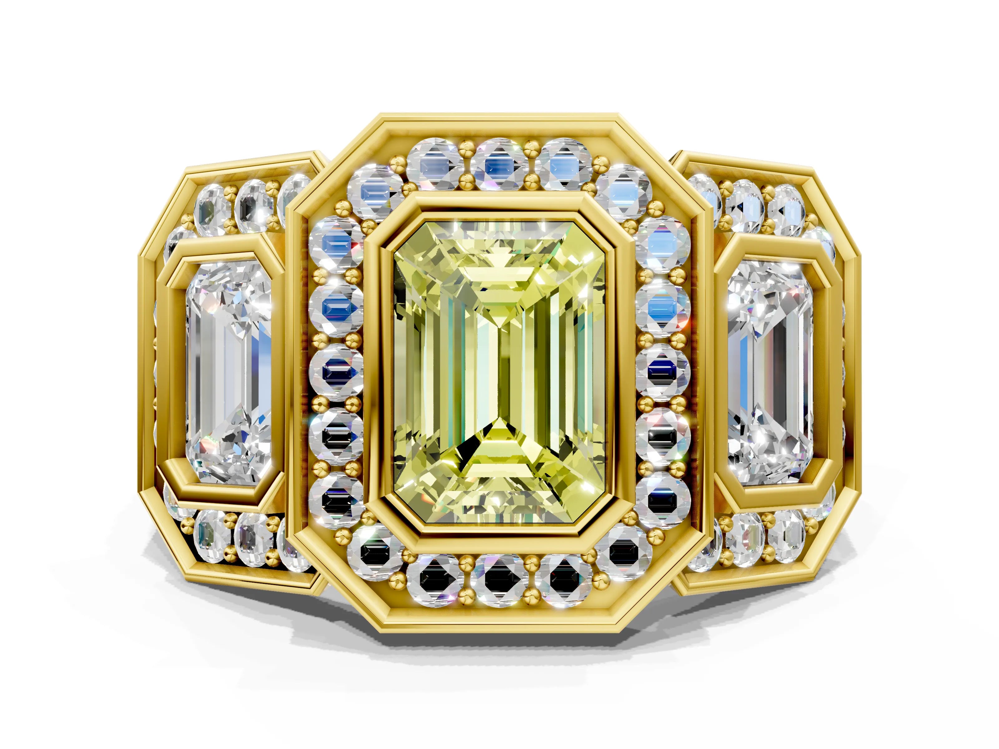 Yellow gold Three-Stone Fancy Yellow Emerald Cut Halo Pavé Diamond Ring