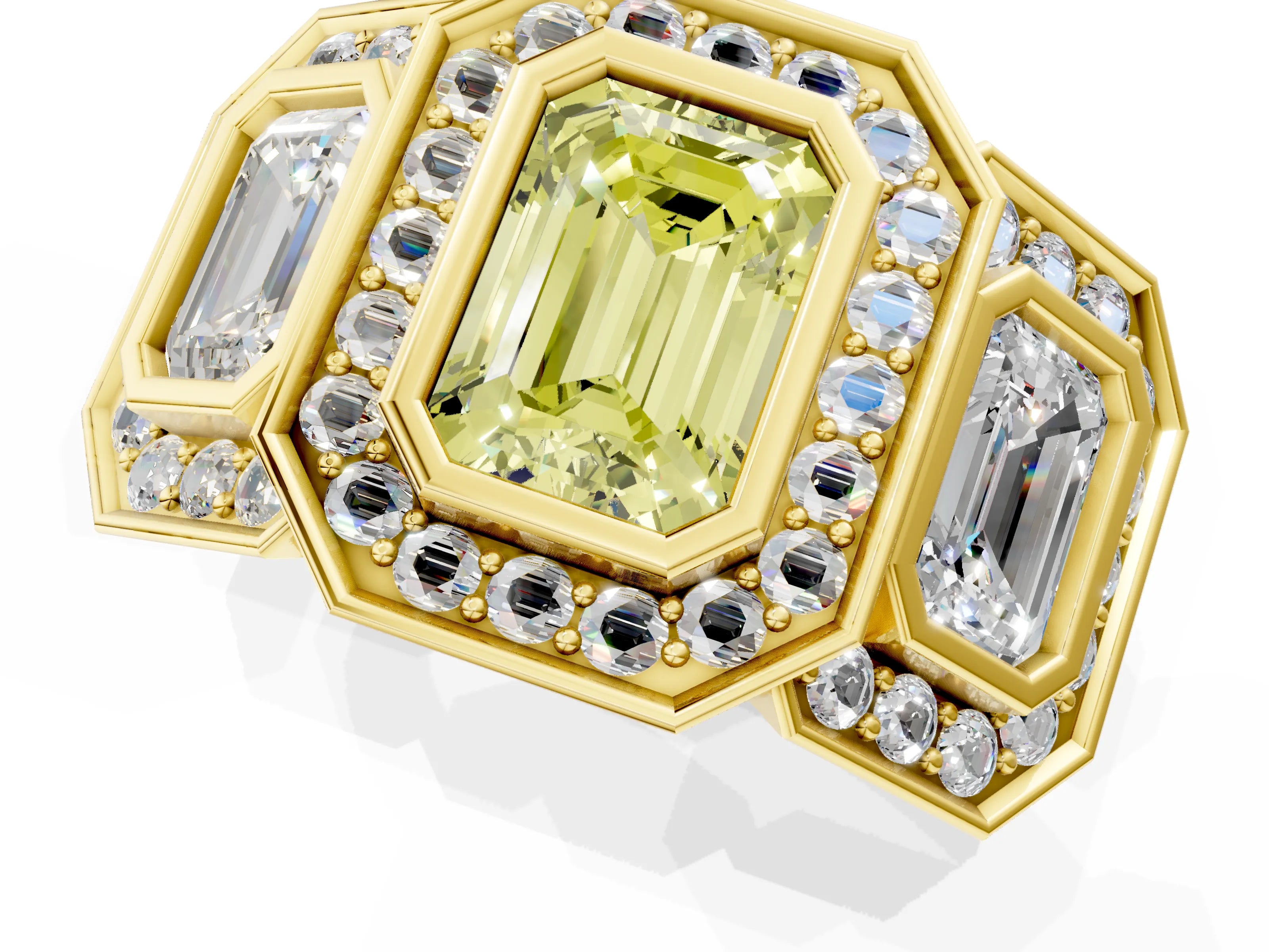 Yellow gold Three-Stone Fancy Yellow Emerald Cut Halo Pavé Diamond Ring_1