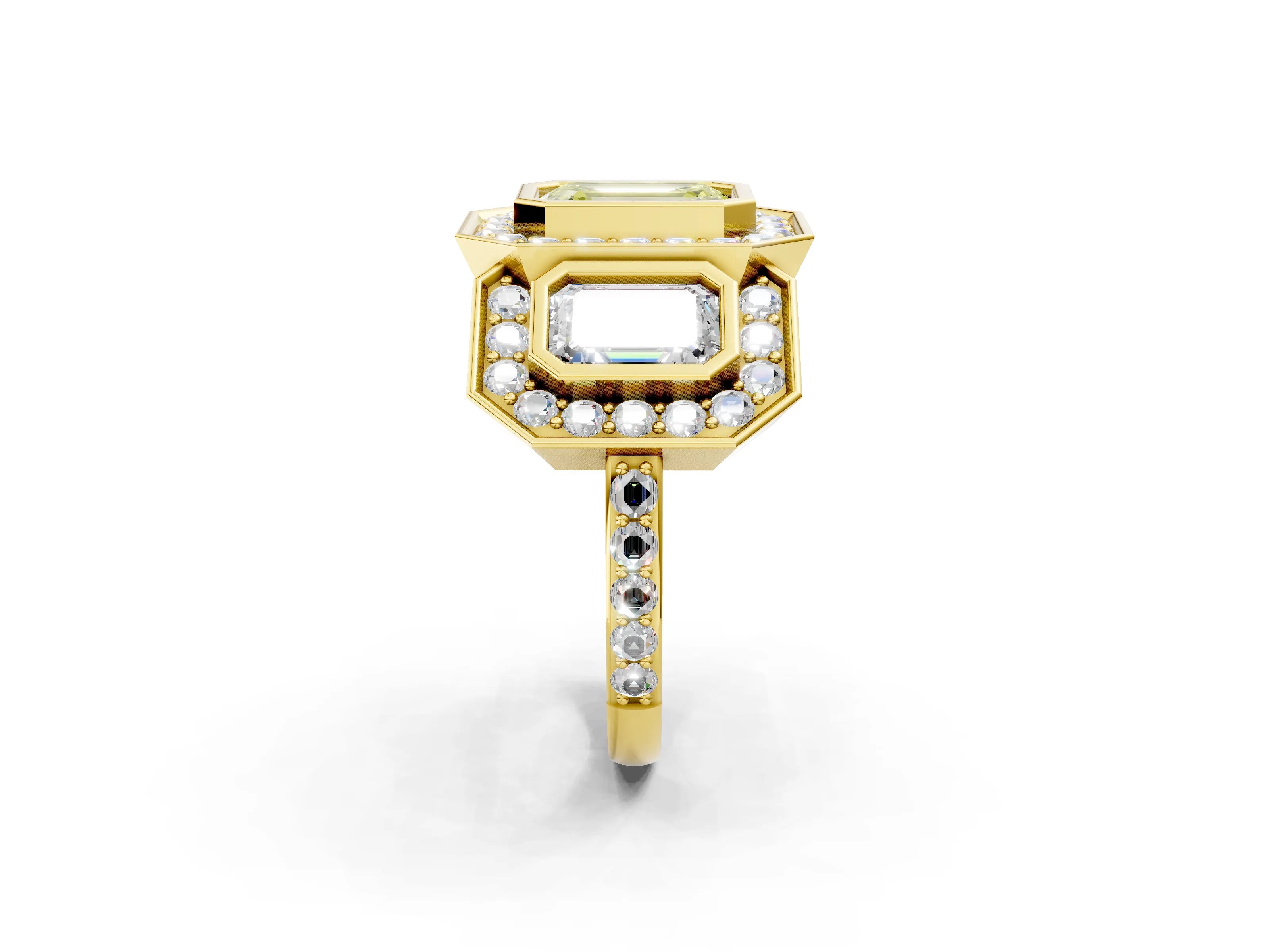 Yellow gold Three-Stone Fancy Yellow Emerald Cut Halo Pavé Diamond Ring_2