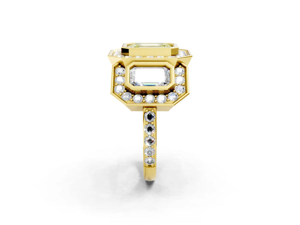 Yellow Gold Emerald Cut Bezel Three Stone Halo Engagement Ring Setting for Fancy Yellow Center
