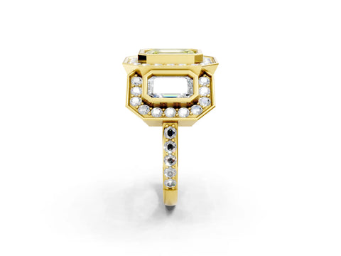 Yellow gold Three-Stone Fancy Yellow Emerald Cut Halo Pavé Diamond Ring_2