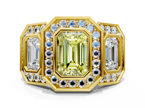Yellow gold Three-Stone Fancy Yellow Emerald Cut Halo Pavé Diamond Ring
