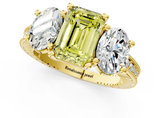 Yellow gold Three-Stone Fancy Yellow Emerald  Diamond Milgrain Pave Band with Prong Setting