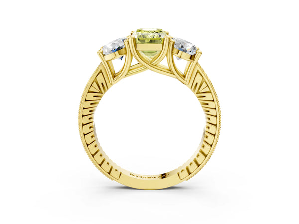 Yellow gold Three-Stone Fancy Yellow Emerald  Diamond Milgrain Pave Band with Prong Setting