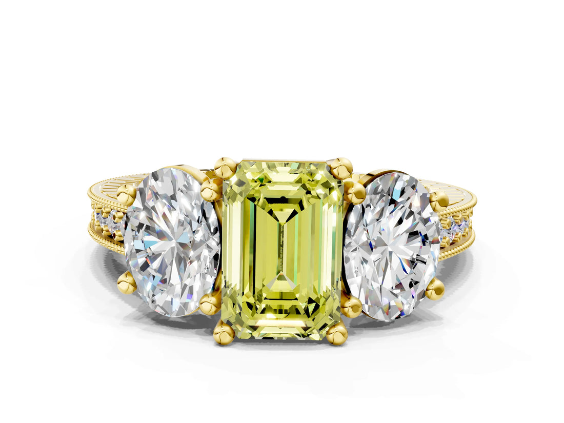 Yellow gold Three-Stone Fancy Yellow Emerald  Diamond Milgrain Pave Band with Prong Setting