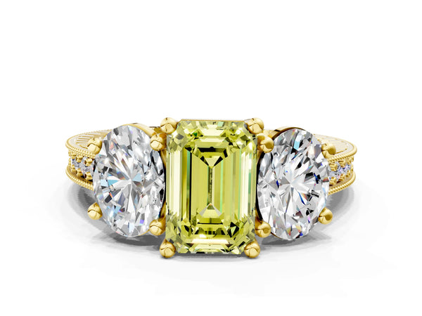 Yellow gold Three-Stone Fancy Yellow Emerald  Diamond Milgrain Pave Band with Prong Setting