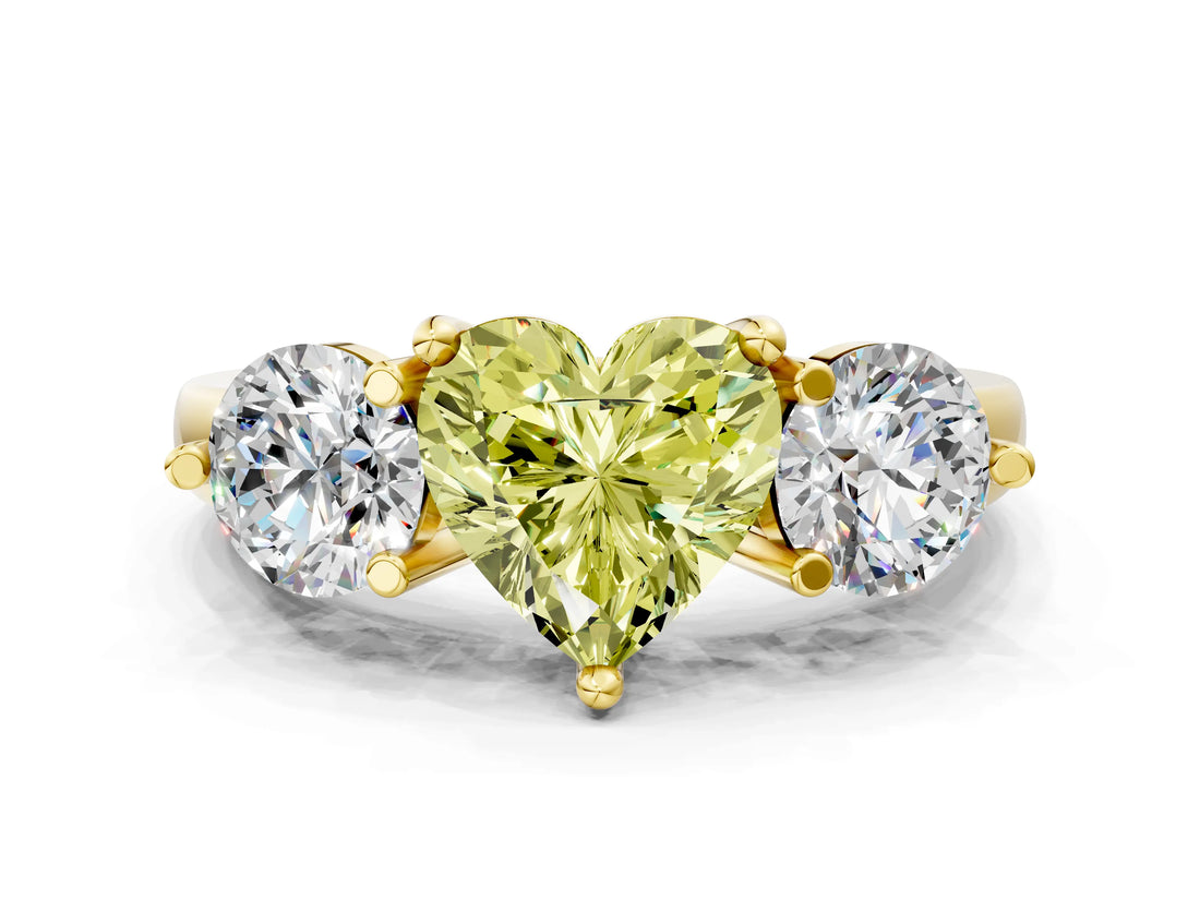 Yellow gold Three-Stone Fancy Yellow Heart  Brilliant Cut Solitaire Ring with Prong Setting on a Classic Band 1
