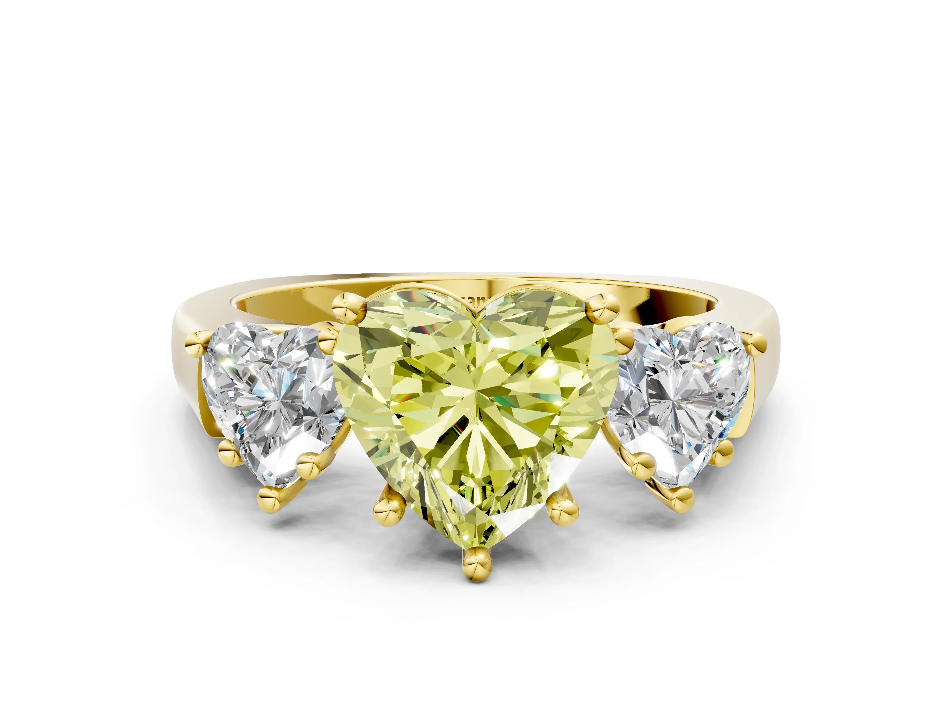 Yellow gold Three-Stone Fancy Yellow Heart Cut Brilliant Diamond Trellis Ring with Comfort Fit Band