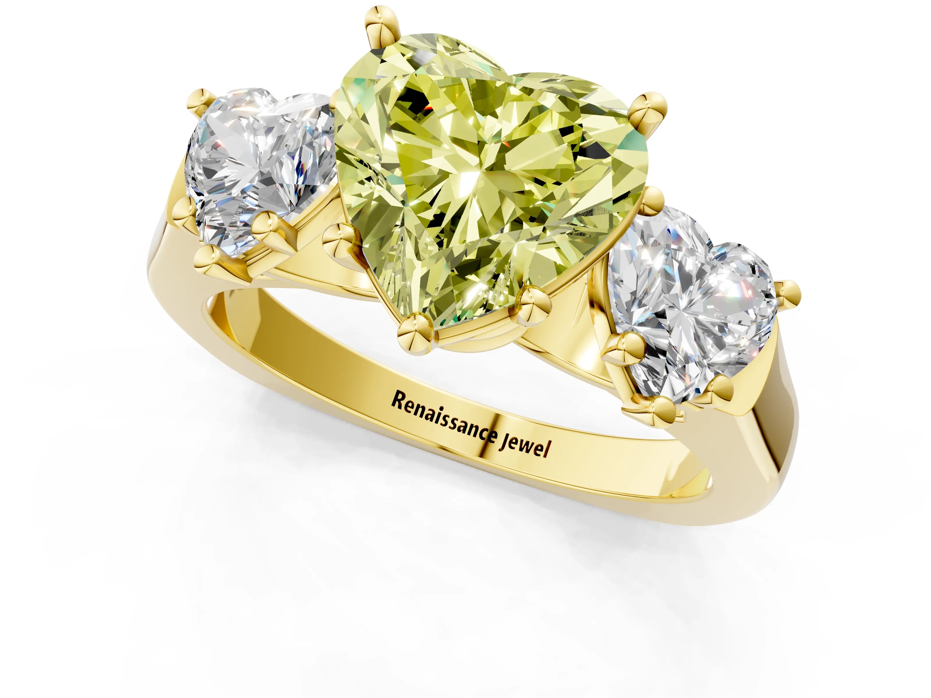Yellow gold Three-Stone Fancy Yellow Heart Cut Brilliant Diamond Trellis Ring with Comfort Fit Band_1