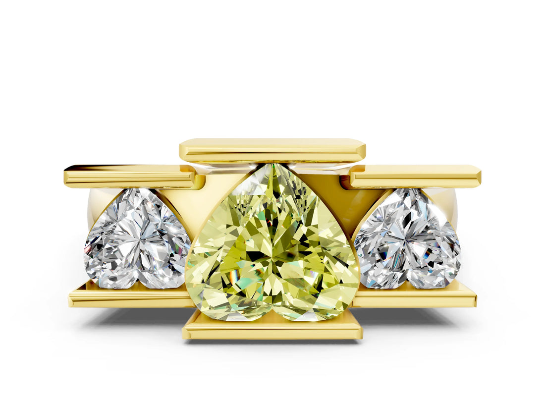 Yellow gold Three Stone Fancy Yellow Heart Cut Cut Channel Set Diamond Ring