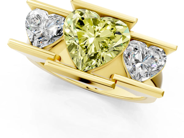 Yellow gold Three Stone Fancy Yellow Heart Cut Cut Channel Set Diamond Ring