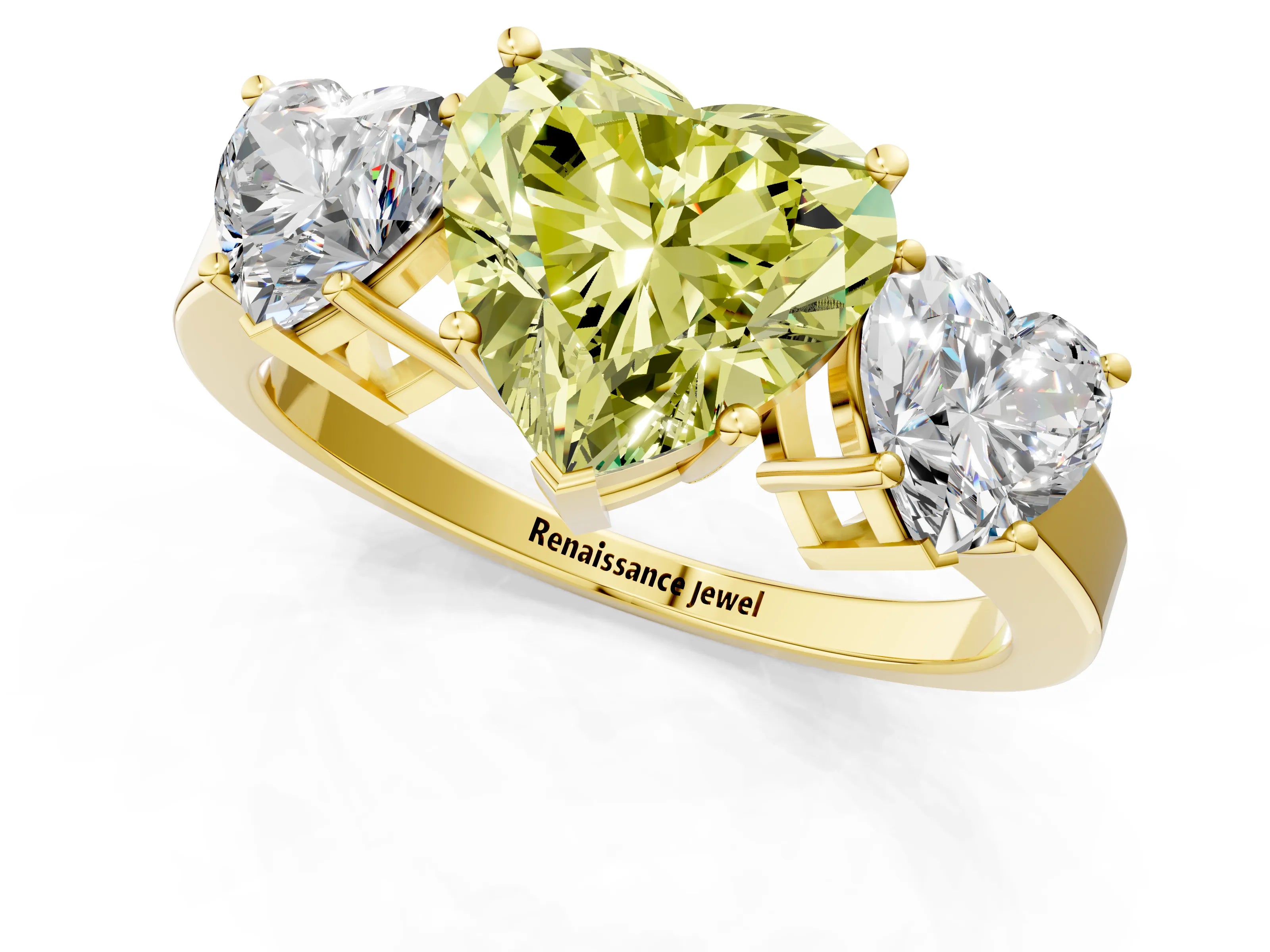 Yellow gold Three-Stone Fancy Yellow Heart Cut Cut Diamond Engagement Ring with Flat Band and Four-Prong Setting_1