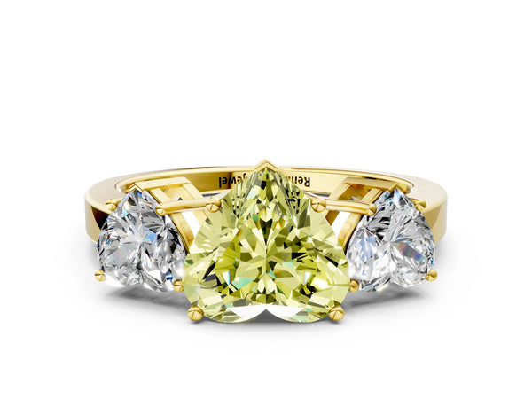 Yellow gold Three-Stone Fancy Yellow Heart Cut Cut Diamond Engagement Ring with Flat Band and Four-Prong Setting