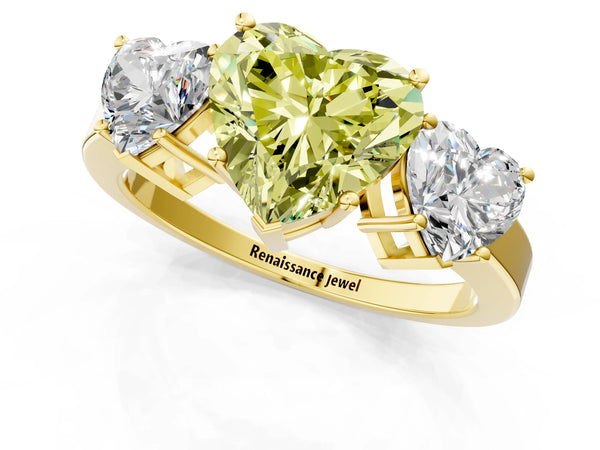 Yellow gold Three-Stone Fancy Yellow Heart Cut Cut Diamond Engagement Ring with Flat Band and Four-Prong Setting