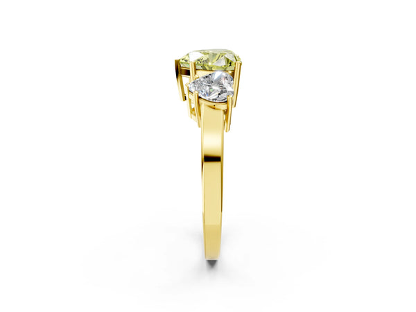 Yellow gold Three-Stone Fancy Yellow Heart Cut Cut Diamond Engagement Ring with Flat Band and Four-Prong Setting