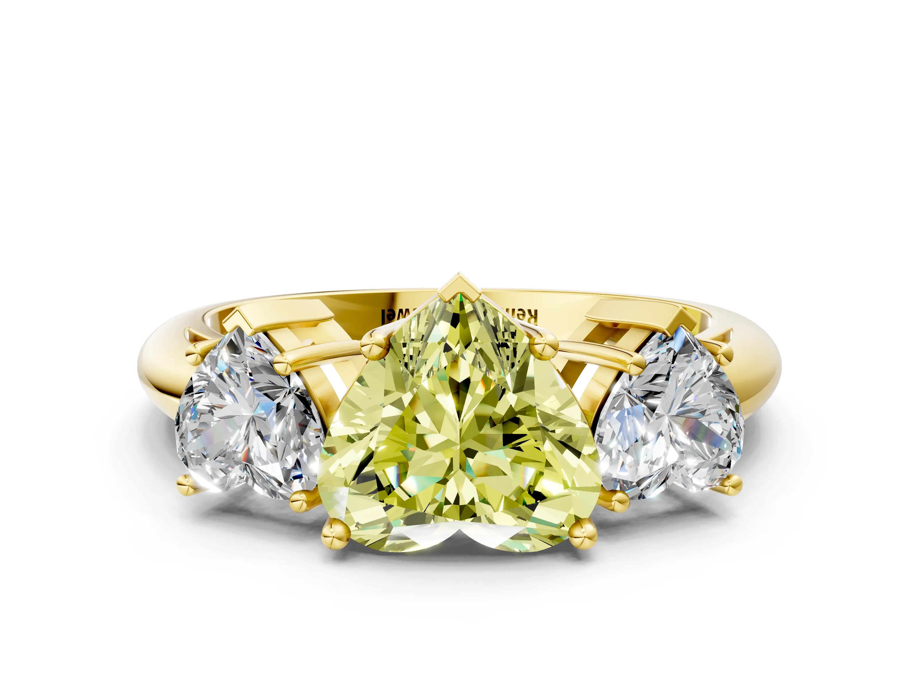 Yellow gold Three-Stone Fancy Yellow Heart Cut Cut Diamond Engagement Ring with Prong Setting on a White Gold Band