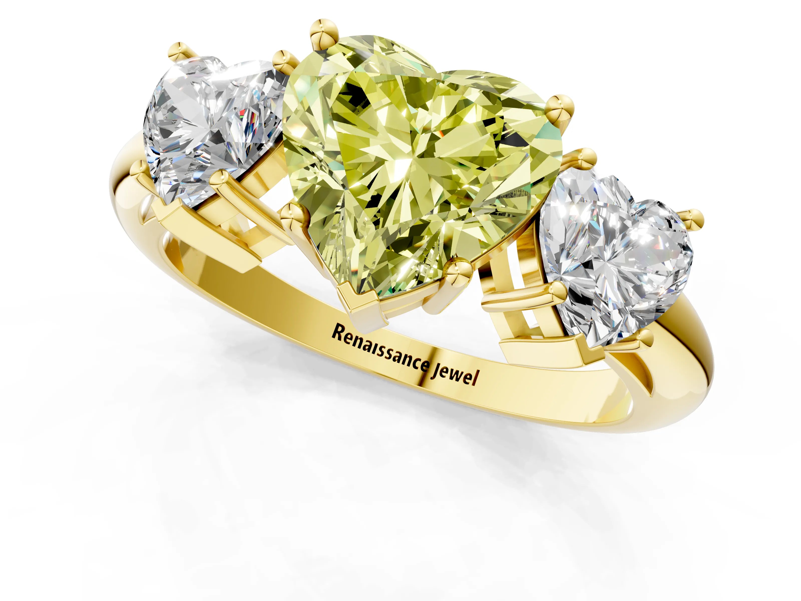 Yellow gold Three-Stone Fancy Yellow Heart Cut Cut Diamond Engagement Ring with Prong Setting on a White Gold Band_1