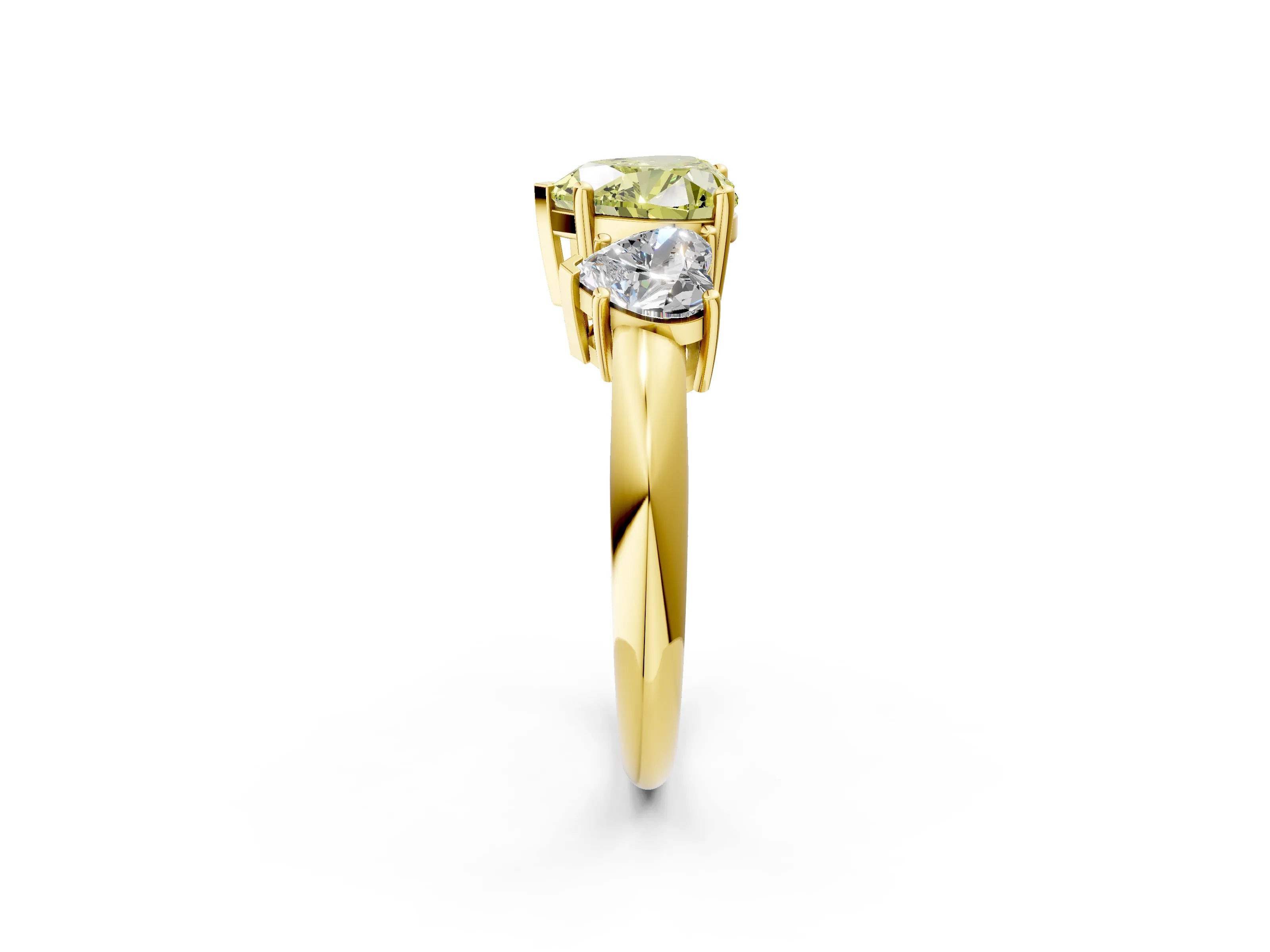 Yellow gold Three-Stone Fancy Yellow Heart Cut Cut Diamond Engagement Ring with Prong Setting on a White Gold Band_2