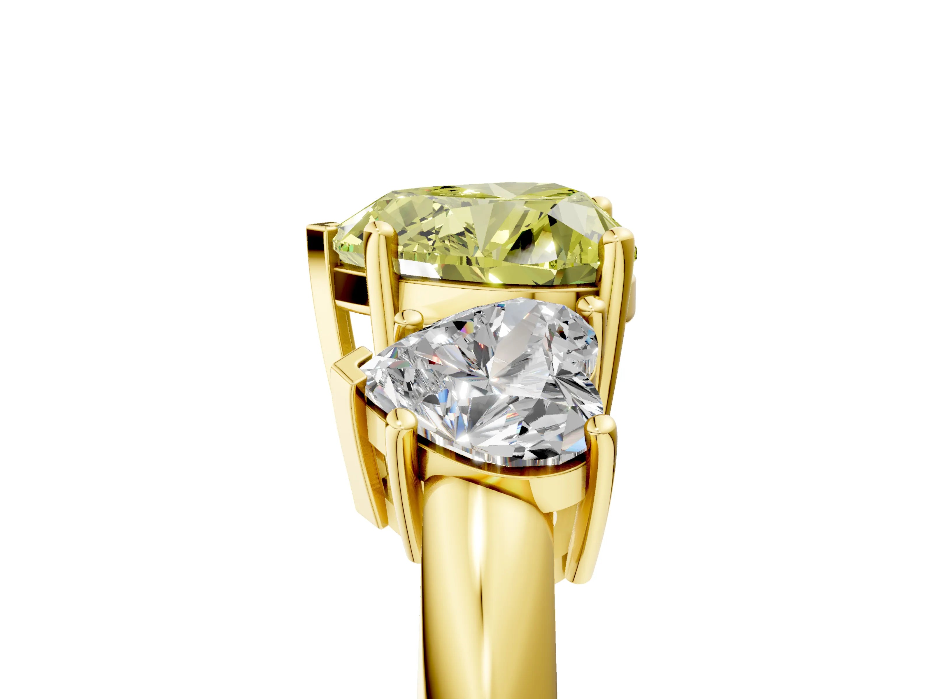 Yellow gold Three-Stone Fancy Yellow Heart Cut Cut Diamond Engagement Ring with Prong Setting on a White Gold Band_5