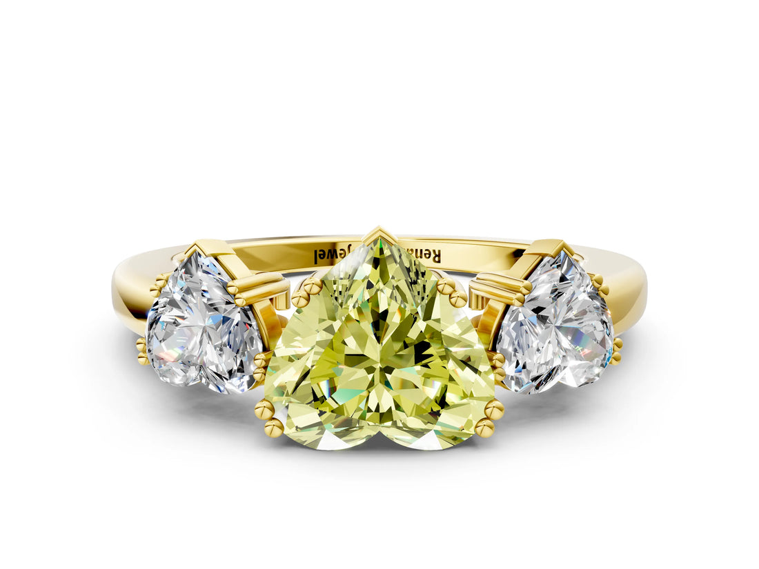 Yellow gold Three-Stone Fancy Yellow Heart Cut Cut Diamond Ring with Channel Set Band and Four-Prong Setting