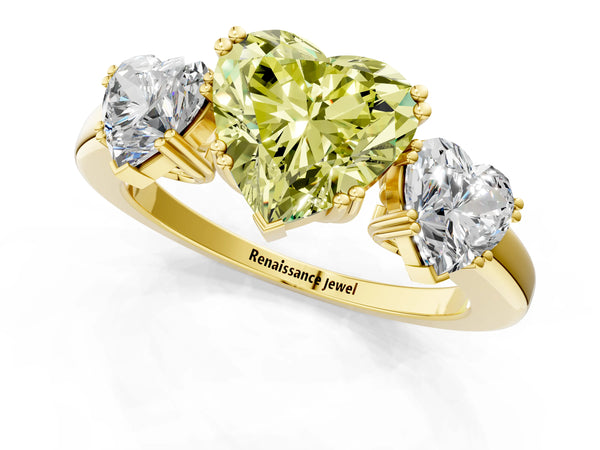 Yellow gold Three-Stone Fancy Yellow Heart Cut Cut Diamond Ring with Channel Set Band and Four-Prong Setting