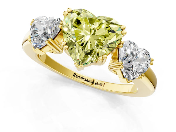 Yellow gold Three-Stone Fancy Yellow Heart Cut Cut Diamond Ring with Channel Set Band and Four-Prong Setting