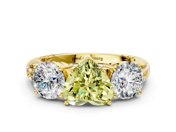 Yellow gold Three-Stone Fancy Yellow Heart Cut Cut Diamond Ring with Channel-Set Band and Prong Setting