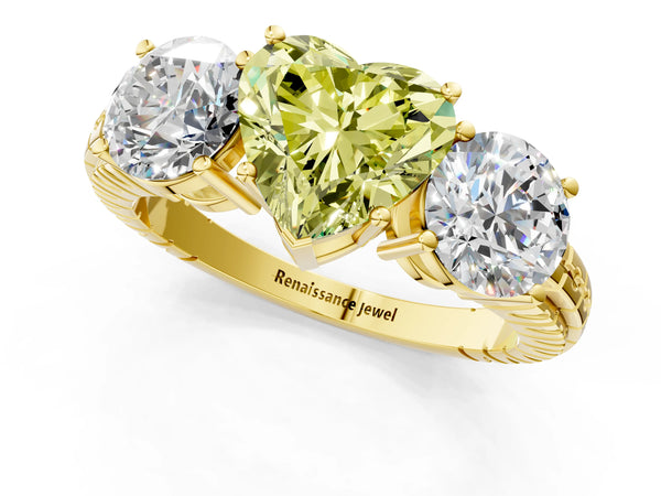 Yellow gold Three-Stone Fancy Yellow Heart Cut Cut Diamond Ring with Channel-Set Band and Prong Setting