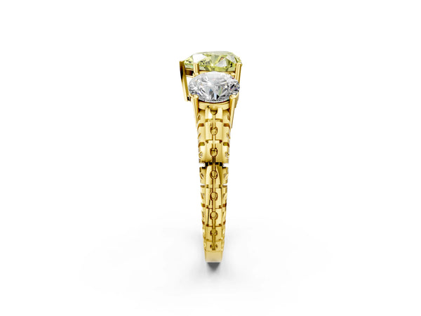 Yellow gold Three-Stone Fancy Yellow Heart Cut Cut Diamond Ring with Channel-Set Band and Prong Setting