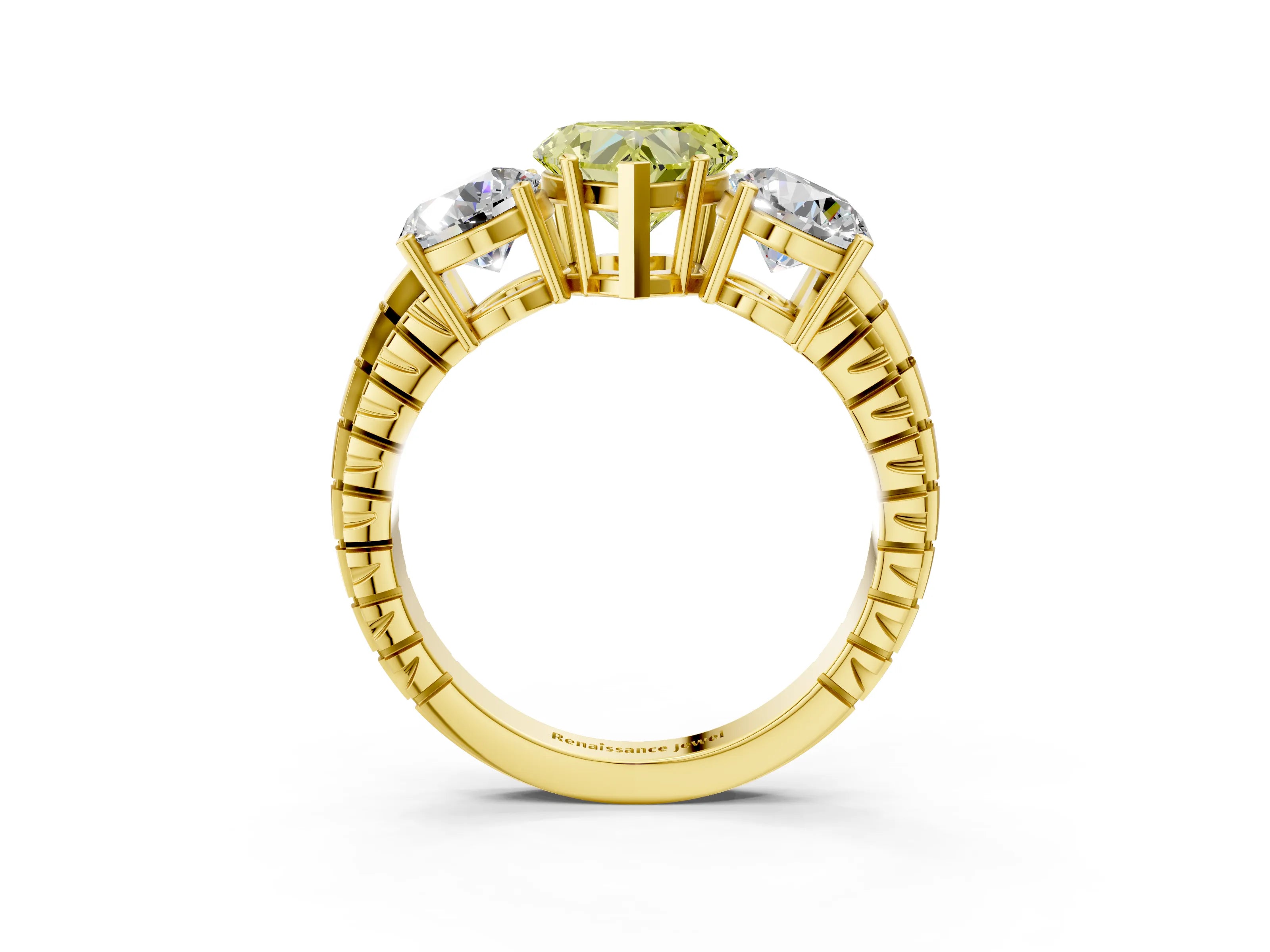 Yellow gold Three-Stone Fancy Yellow Heart Cut Cut Diamond Ring with Channel-Set Band and Prong Setting_3