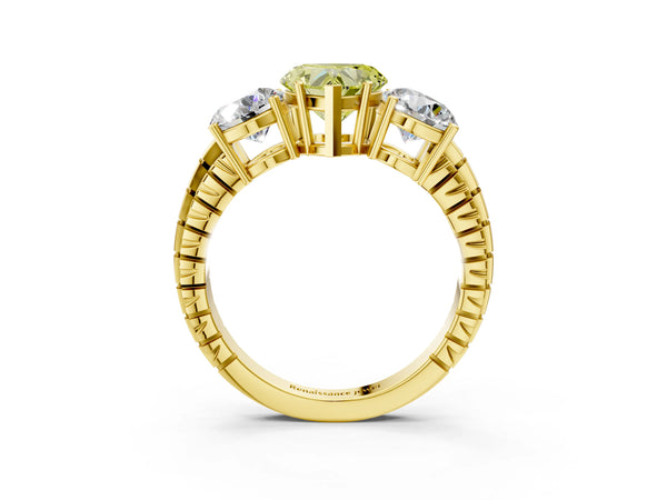 Yellow gold Three-Stone Fancy Yellow Heart Cut Cut Diamond Ring with Channel-Set Band and Prong Setting