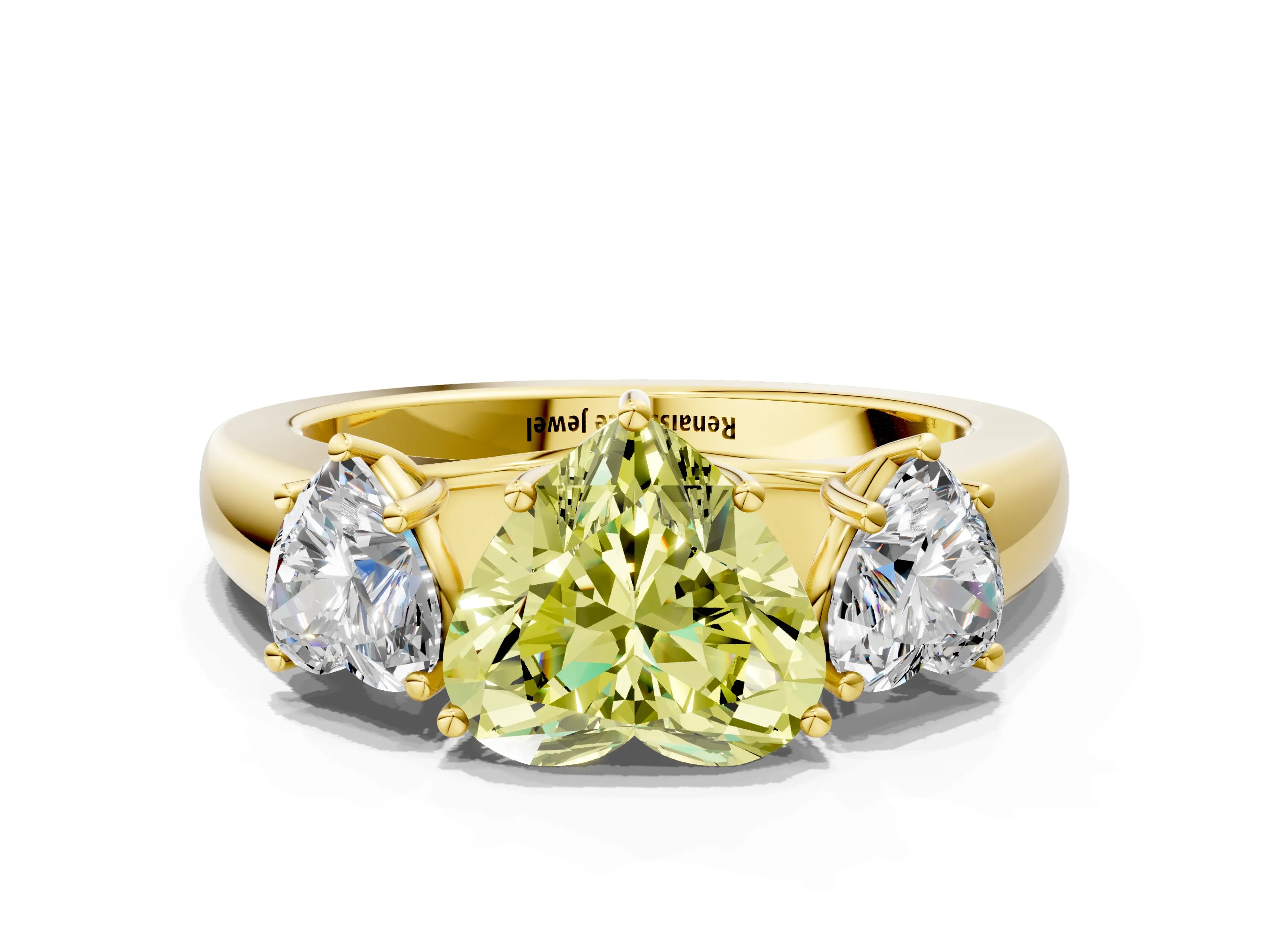 Yellow gold Three-Stone Fancy Yellow Heart Cut Cut Diamond Ring with Prong Setting and Classic Band