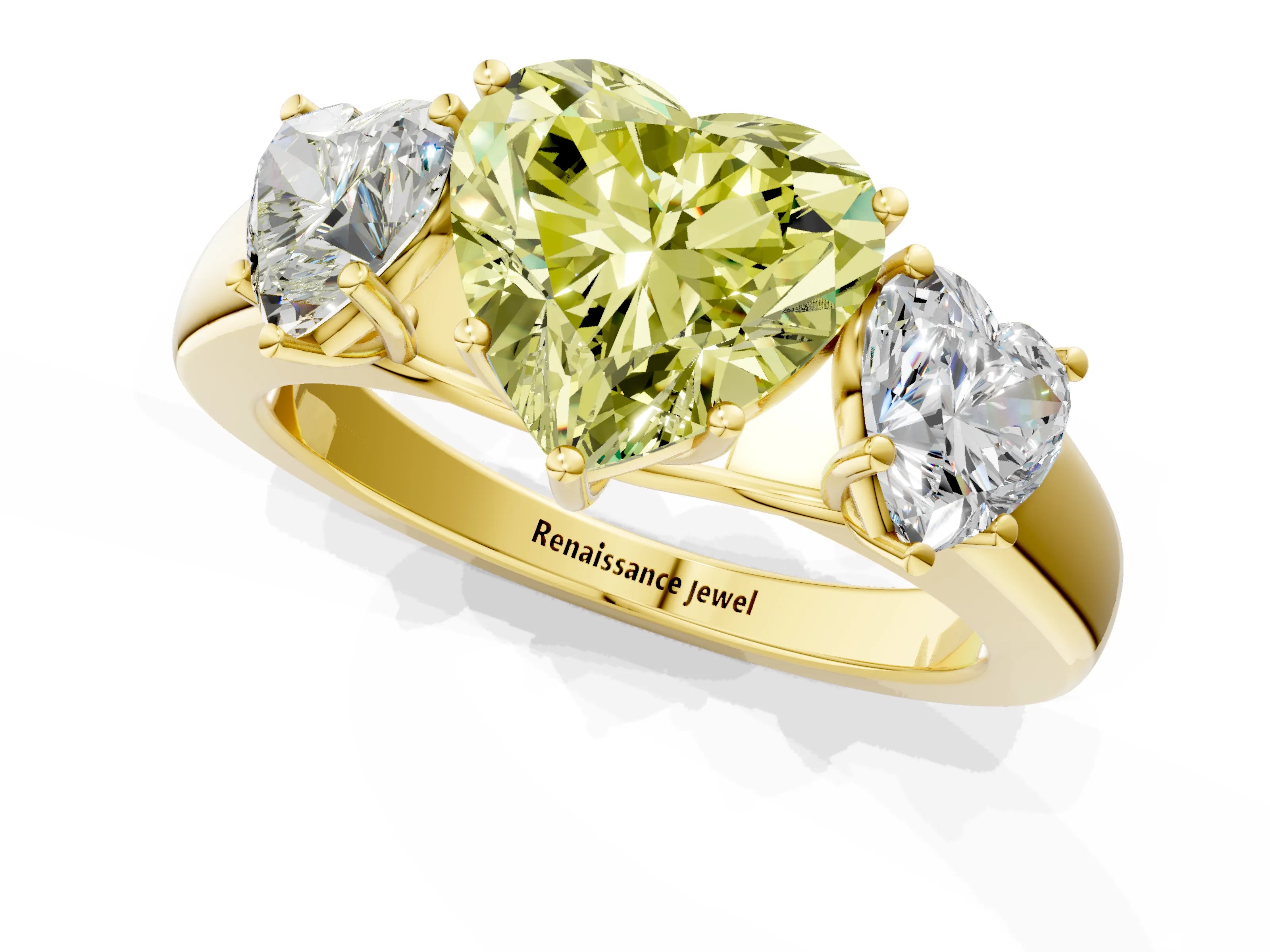 Yellow gold Three-Stone Fancy Yellow Heart Cut Cut Diamond Ring with Prong Setting and Classic Band_1