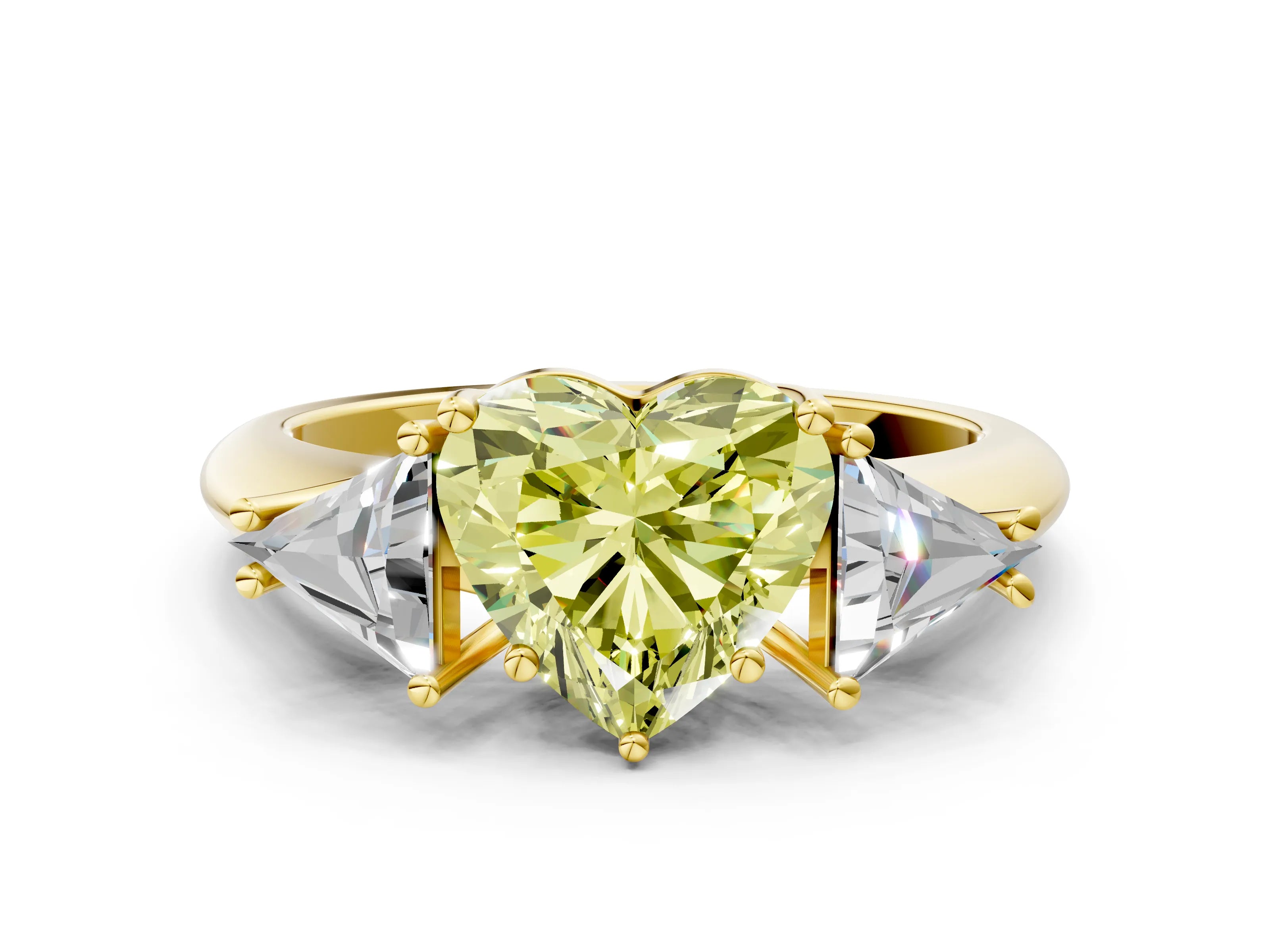 Yellow gold Three-Stone Fancy Yellow Heart Cut Cut Diamond Ring with Trillion Side Stones and Four-Prong Setting_3
