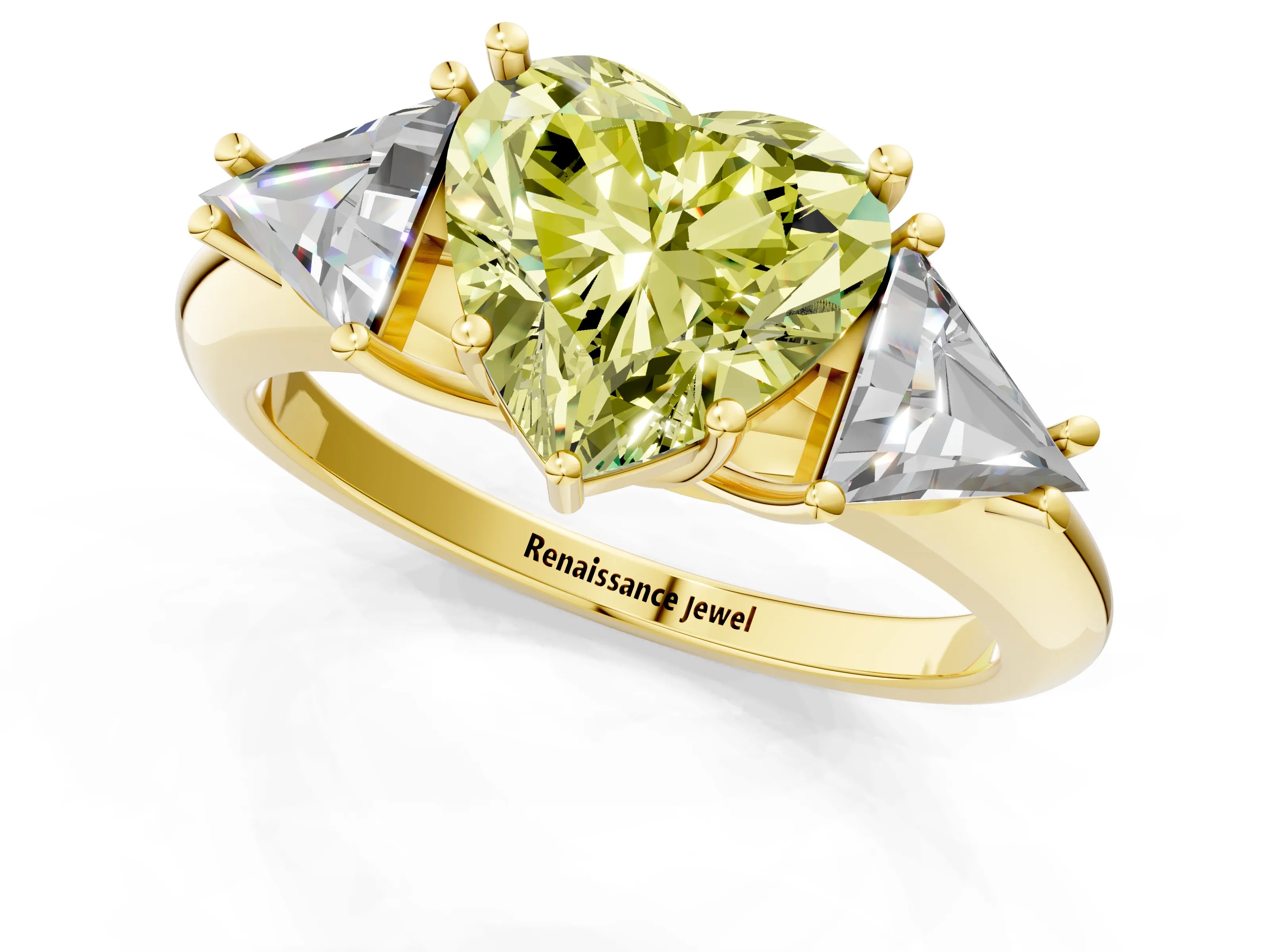 Yellow gold Three-Stone Fancy Yellow Heart Cut Cut Diamond Ring with Trillion Side Stones and Four-Prong Setting_4
