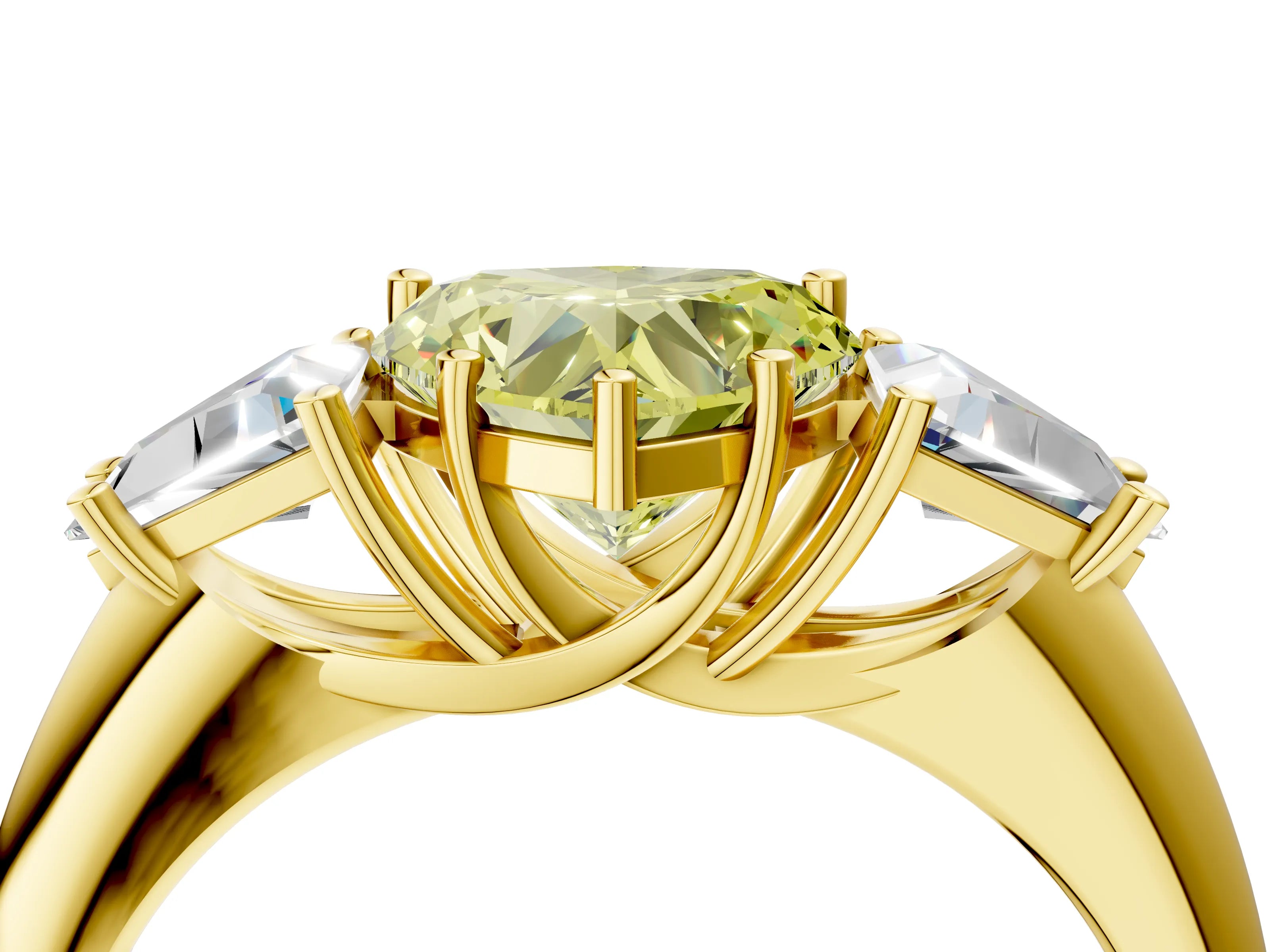 Yellow gold Three-Stone Fancy Yellow Heart Cut Cut Diamond Ring with Trillion Side Stones and Four-Prong Setting_7