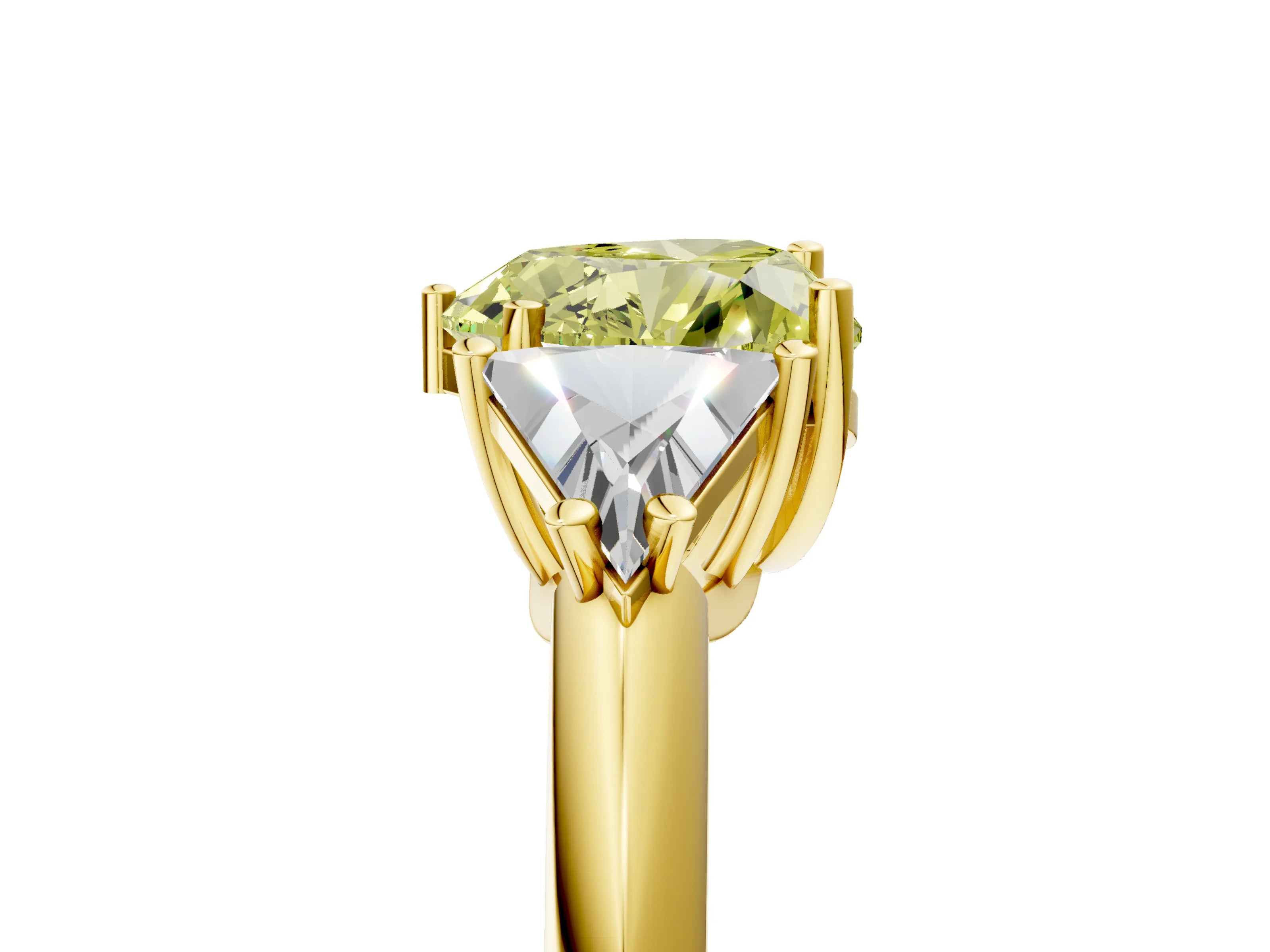 Yellow gold Three-Stone Fancy Yellow Heart Cut Cut Diamond Ring with Trillion Side Stones and Four-Prong Setting_8