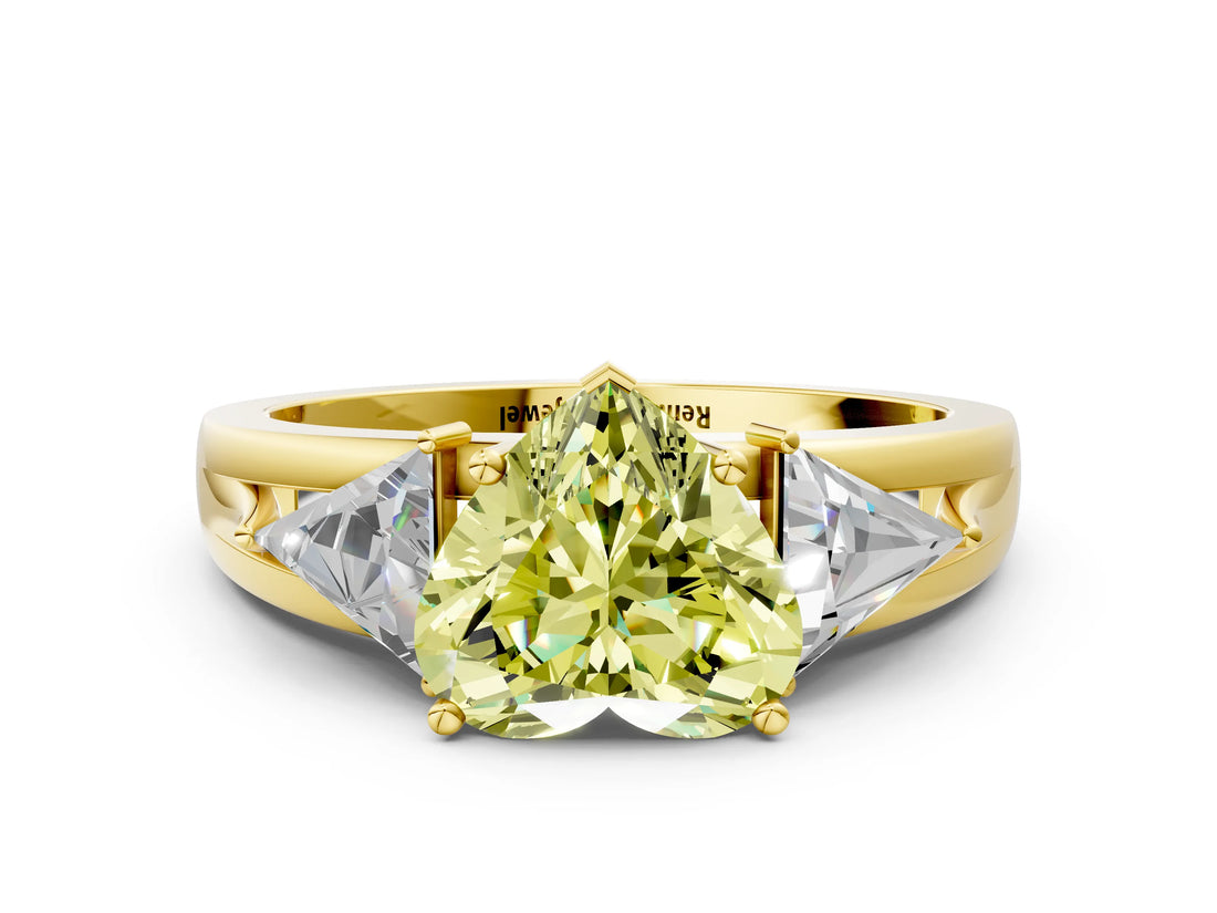 Yellow gold Three-Stone Fancy Yellow Heart Cut Cut Diamond Ring with Trillion Side Stones on a Split Shank Band