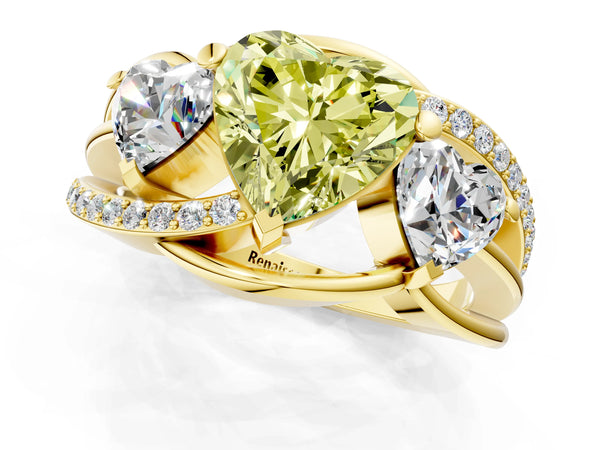 Yellow gold Three-Stone Fancy Yellow Heart Cut Cut Diamond Split Shank Prong Set Ring