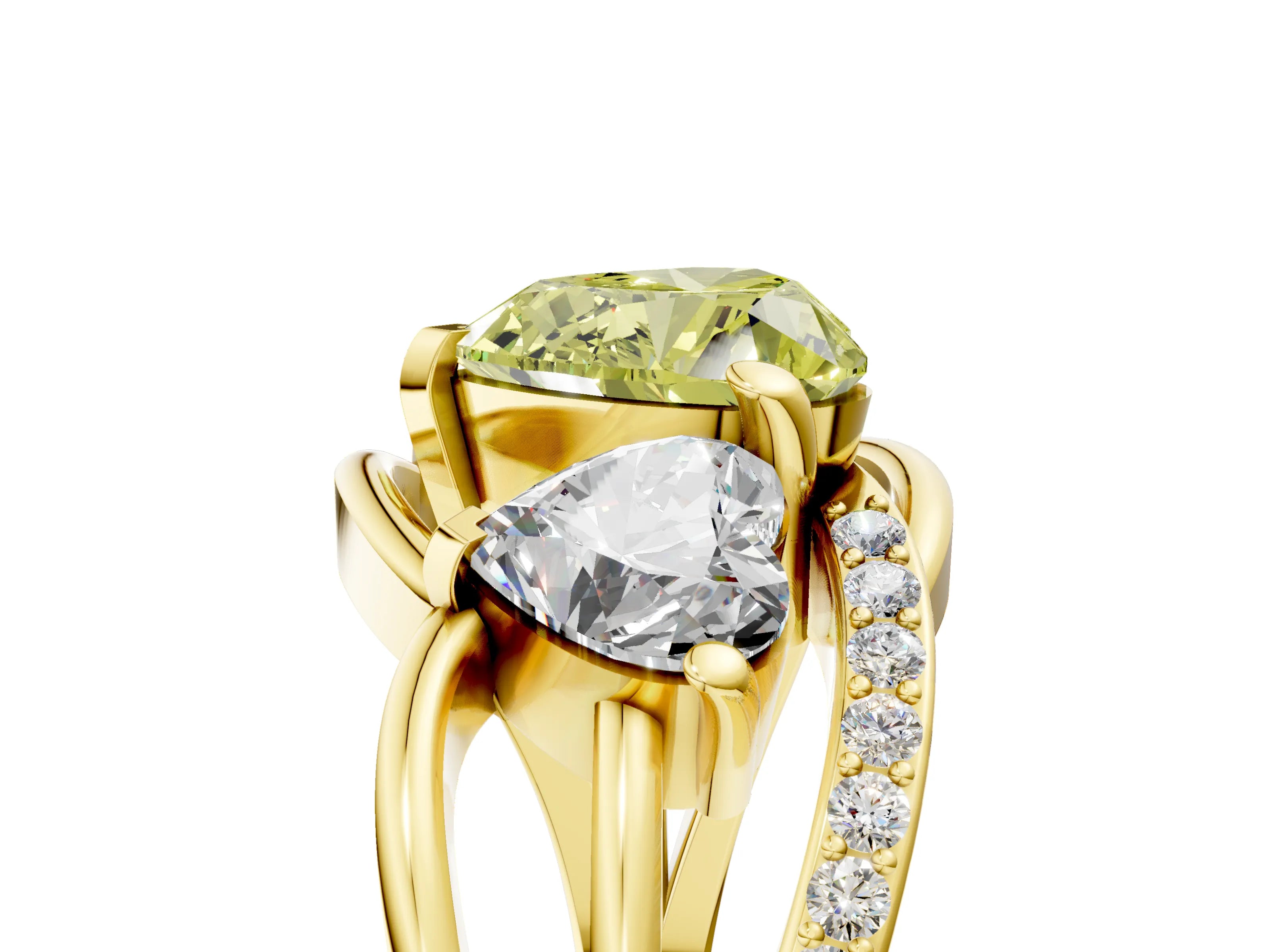 Yellow gold Three-Stone Fancy Yellow Heart Cut Cut Diamond Split Shank Prong Set Ring_5
